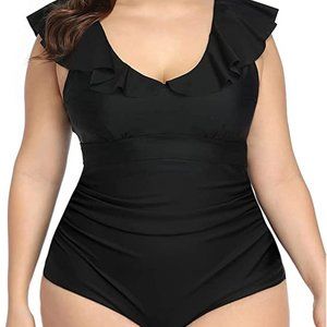 DACI Plus Size One Piece Ruffled V Neck Tummy Control Swimsuit